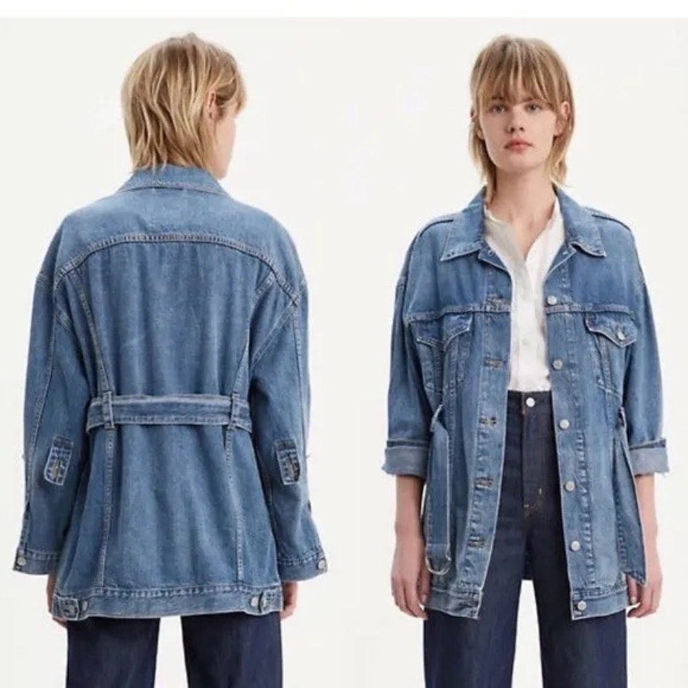 #B7 Levis Belted Trucker Jacket Sz S Oversized Drop Shoulder Boyrfriend Style - Picture 7 of 12